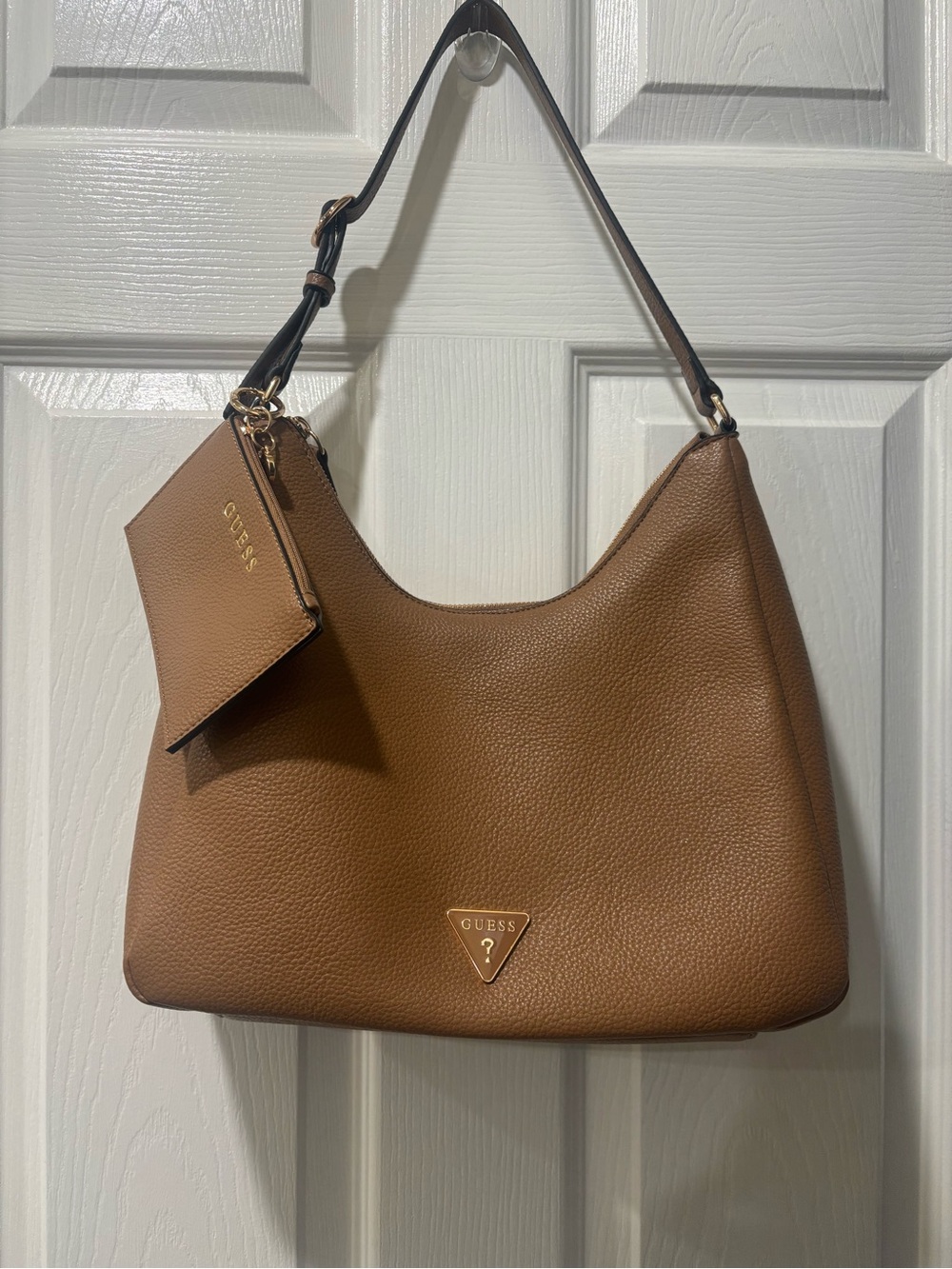 GUESS Brown Pebbled Leather Shoulder Bag with Detachable Pouch